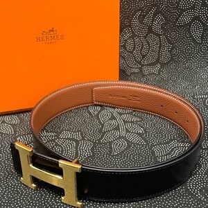 Hermes Black Leather 90 Belt with Gold Buckle